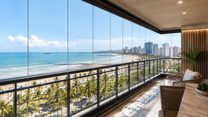 Varanda envidraçada de piso a teto com vista para a praia, os coqueiros da orla e os prédios de Fortaleza